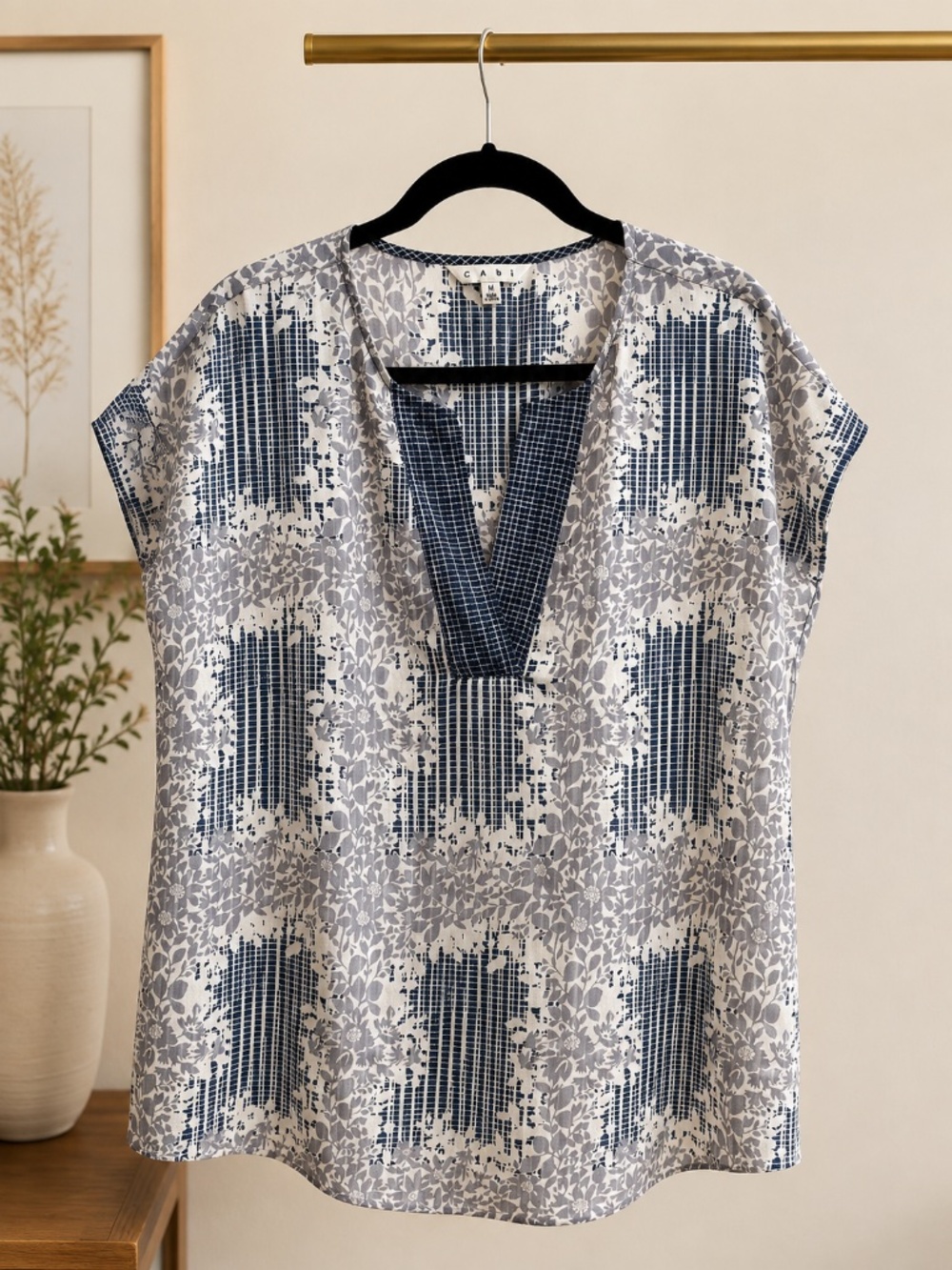 CAbi Blue Ivory Mixed Print Blouse Tunic Top Size M